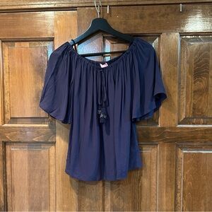 Lilly Pulitzer Sain Off-Shoulder Blouse Short Bell Sleeve Tassel True Navy